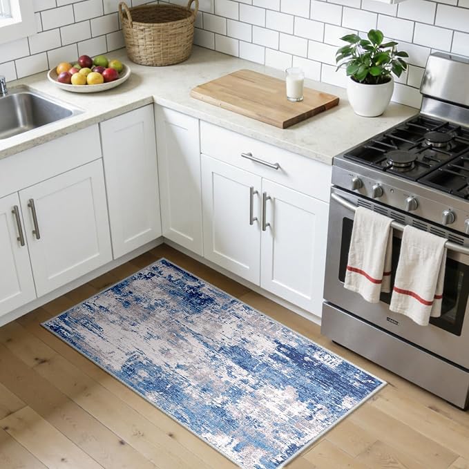 RELEANY Washable Area Rugs 2'x4' Non-Slip Modern Abstract Soft for Living Room Entryway Bedroom Kitchen, Print Pattern, Blue Grey Navy Gray