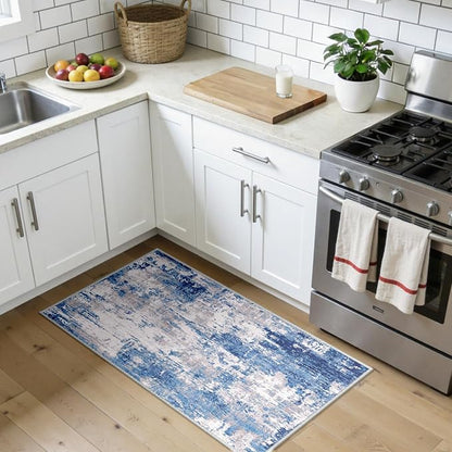 RELEANY Washable Area Rugs 2'x4' Non-Slip Modern Abstract Soft for Living Room Entryway Bedroom Kitchen, Print Pattern, Blue Grey Navy Gray