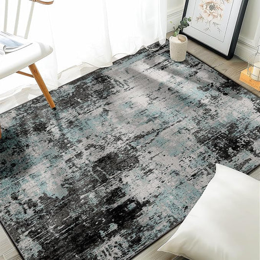 RELEANY Washable Area Rugs 4'x6' Non-Slip Modern Abstract Soft for Living Room Entryway Bedroom Kitchen, Print Pattern, Blue Black Teal