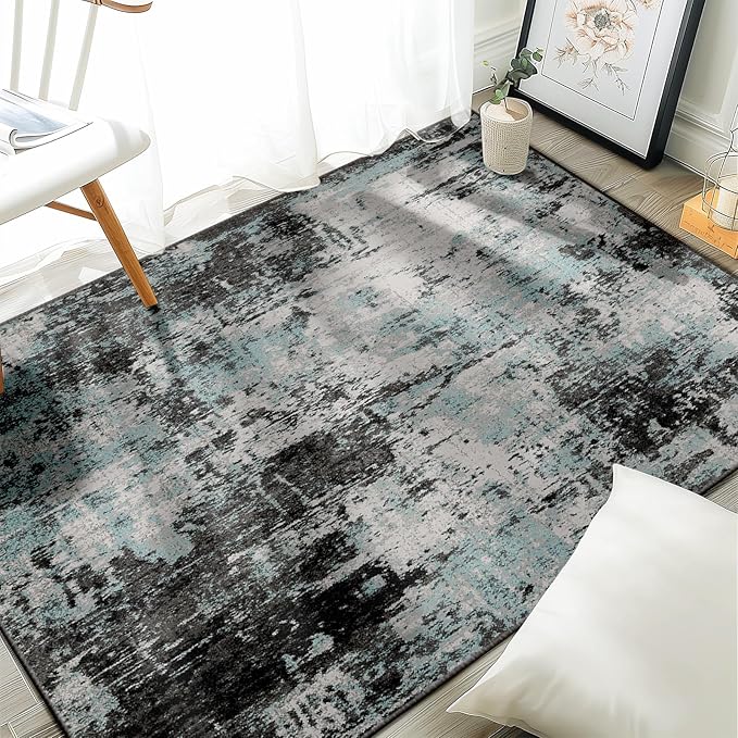 RELEANY Washable Area Rugs 3'x5' Non-Slip Modern Abstract Soft for Living Room Entryway Bedroom Kitchen, Print Pattern, Blue Black Teal