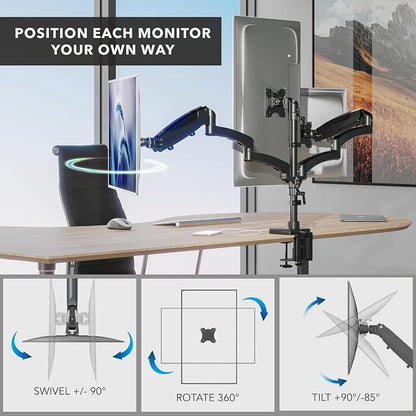 Mount-It! Triple Monitor Mount, 3 Monitor Desk Mount with Gas Spring Arms, Fits 13–32 Inch Screens up to 17.6 lbs per Arm, VESA 75 & 100, Clamp or Grommet Base, USB-A & C Ports, Black