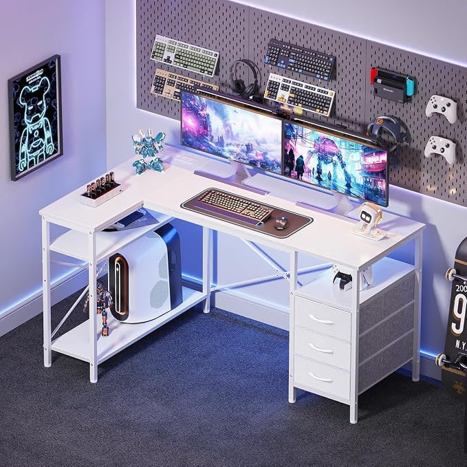 Alpen L Shaped Computer Desk, 55 Inch Corner Desk with Drawers and Power Outlets, Home Office Desk for Gaming, Study Writing PC Table with Storage and Reversible Shelf, White