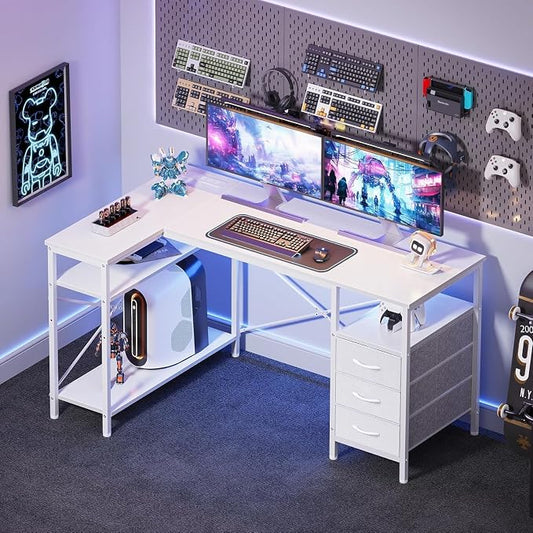 Alpen L Shaped Computer Desk, 55 Inch Corner Desk with Drawers and Power Outlets, Home Office Desk for Gaming, Study Writing PC Table with Storage and Reversible Shelf, White