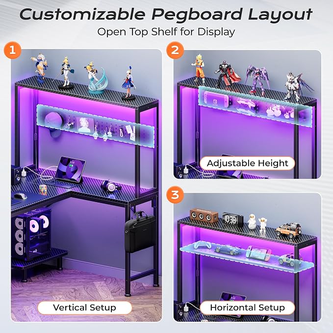 PRAISUN L Shaped Gaming Desk with LED Lights & Power Outlets, Reversible Computer Desk with Storage Shelves & Bag, Large Corner Home Office Desk with Pegboard for Work from Home, Carbon Fiber Black