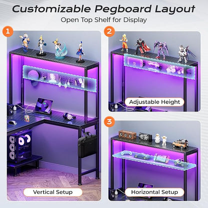 PRAISUN L Shaped Gaming Desk with LED Lights & Power Outlets, Reversible Computer Desk with Storage Shelves & Bag, Large Corner Home Office Desk with Pegboard for Work from Home, Carbon Fiber Black