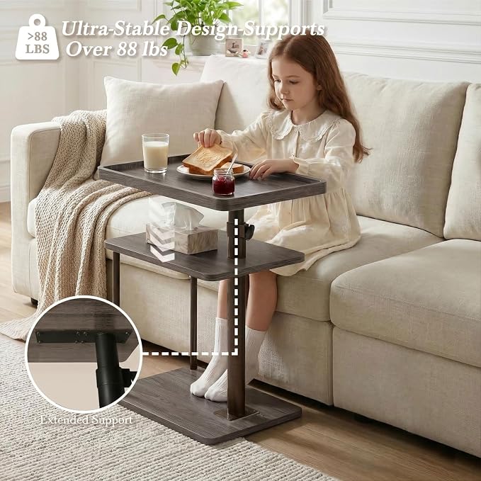Faesun C Table End Table Adjustable Height, 360°Swivel TV Tray Table for Small Spaces, Small Nightstand for Living Room, Bedroom, Gray