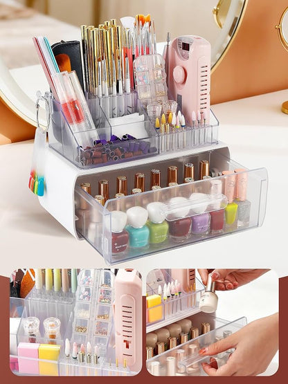 LIARTY Nail Drill Holder with Drawer - Makeup Organizer Case for Brush | Acrylic Nail Drill Bits Holder Beauty Cosmetic Storage Box for Dresser Countertop and Bathroom Vanity
