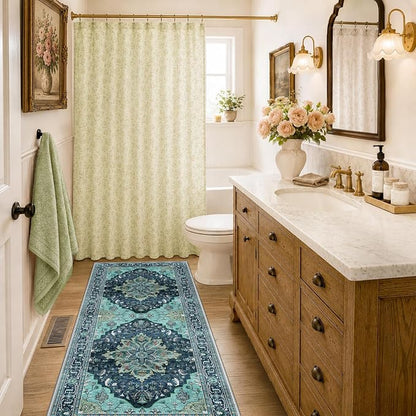RELEANY Area Rugs Runner 2'x6' Washable Non-Slip, Floral Vintage Distress Medallion Carpet for Kitchen Hallway Bedroom Beside Laundry Room Bathroom, Teal Green Lake Blue Turquoise