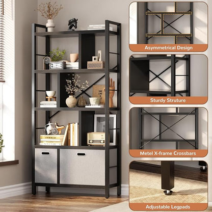 Armocity Bookshelf with Drawers - 5 Tier Tall Bookcase Geometric Modern Book Shelf Display Standing Bookshelves with Storage for Living Room, Bedroom Home Office, Black
