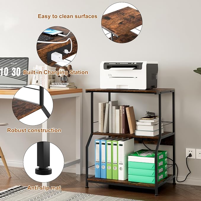 23.62 x 18.9” Large Printer Stand with Locking Wheels, 3 Tier Printer Table with Storage, Rolling Cart Station for Home Office Kitchen, Rustic Brown