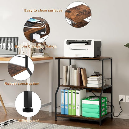 23.62 x 18.9” Large Printer Stand with Locking Wheels, 3 Tier Printer Table with Storage, Rolling Cart Station for Home Office Kitchen, Rustic Brown