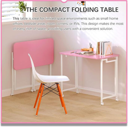 4NM 31.5" Mobile Small Rolling Computer Desk, Folding Laptop Cart Table with Wheels, Portable Office Desk for Small Space Couch Bed - Pink and White