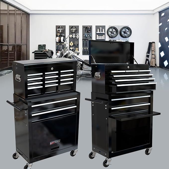 RYH 8 Drawers Rolling Tool Chest & Tool Box on Wheels | Heavy Duty Metal Cart with Ball Bearing Drawers | Fits US General Tool Box for Garage Storage (Black, 8 Drawers /43.1" H × 24.2" W)