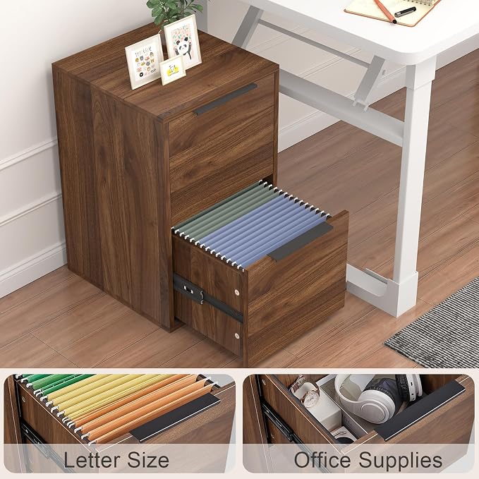 2 Drawer File Cabinets, Wood File Cabinet with Hanging Bar for Letter Size, Modern Farmhouse Under Desk Drawer, Printer Stand Small Filing Cabinets for Home Office, Dark Walnut