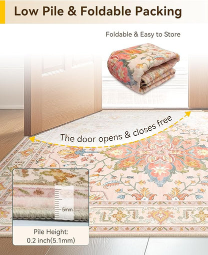 RELEANY Area Rugs 8'x10' Washable Non-Slip, Floral Vintage Distress Medallion Carpet for Living Room Bedroom Dining Room, Light Pink Colorful