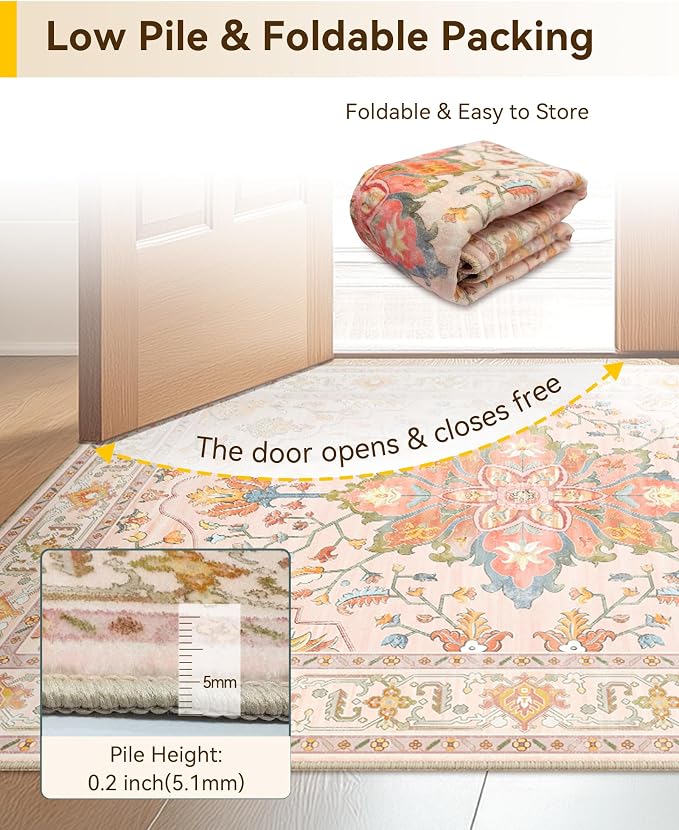 RELEANY Area Rugs Runner 2'6"x12' Washable Non-Slip, Floral Vintage Distress Medallion Carpet for Kitchen Hallway Bedroom Beside Laundry Room Bathroom, Light Pink Colorful
