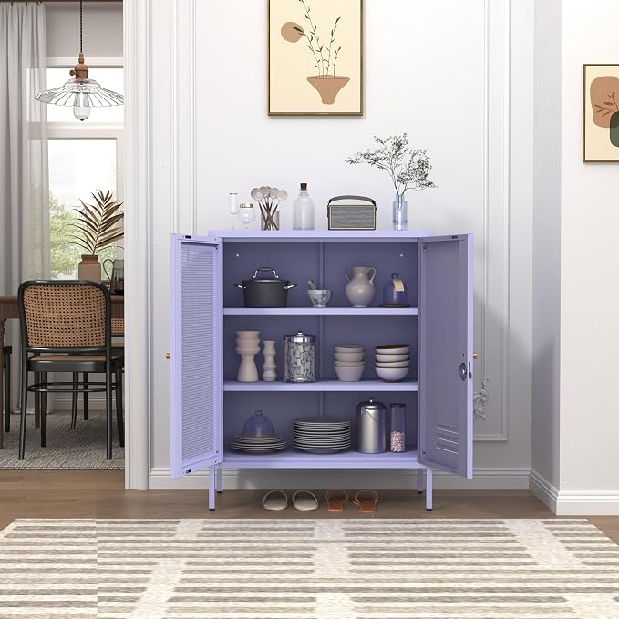 Metal Storage Cabinet with Mesh Doors 33"H Steel Locker Cabinet with 2 Tier Adjustable Shelves Purple Lockable Metal Locker Cabinets Sideboard for Home Office Entryway Size：33" H X 29.5" W X 13.8" D