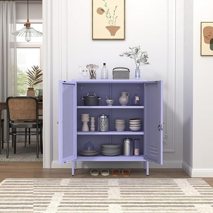 Metal Storage Cabinet with Mesh Doors 33"H Steel Locker Cabinet with 2 Tier Adjustable Shelves Purple Lockable Metal Locker Cabinets Sideboard for Home Office Entryway Size：33" H X 29.5" W X 13.8" D