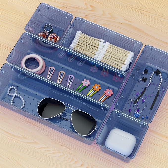WOWBOX 12 Pack Clear Drawer Organizer Set, Acrylic Drawer Storage Trays, Storage Bins for Makeup, Cosmetics, Jewelries, Utensils, Gadgets, Office, Dark Blue