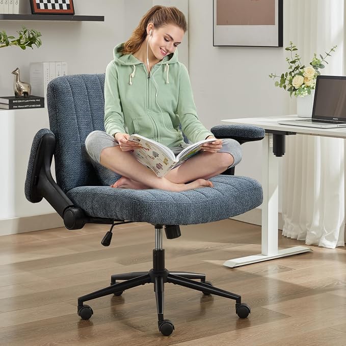 IPKIG Criss Cross Chair with Adjustable Flip-up Arms, Vanity Chair with Wheels, Comfy Desk Chair with Lumbar Pillow Swivel Wide Office Chair for Home Office, Bedroom, Chenille, Blue