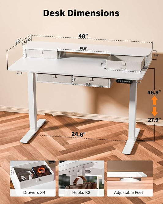 FiCiHi Electric Standing Desk with Four Drawers, 48 x 24 Inch Adjustable Height Sit Stand Desk, C-Clamp Compatible Home Office Desk with Storage Shelf & Monitor Stand Riser, White