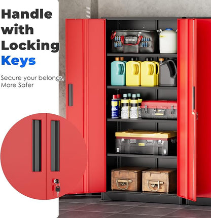 INTERGREAT Storage Cabinet with Doors and Shelves, Metal Garage Storage Cabinets with Lock, Black Lockable Steel Supply Cabinet for Home Office, Warehouse (Black Red)