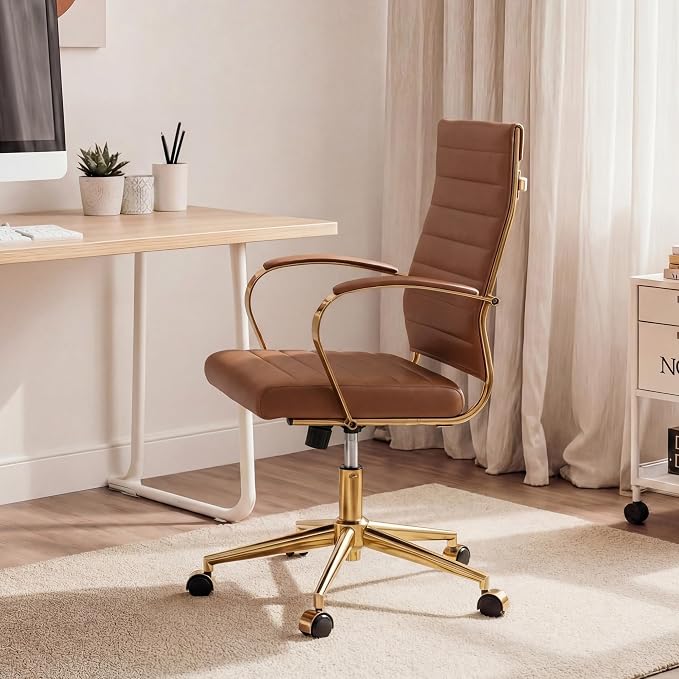 Okeysen Gold Office Desk Chair, Ergonomic Leather Modern Conference Room Chairs, Executive Ribbed Height Adjustable Swivel Rolling Golden Chair for Home Office.