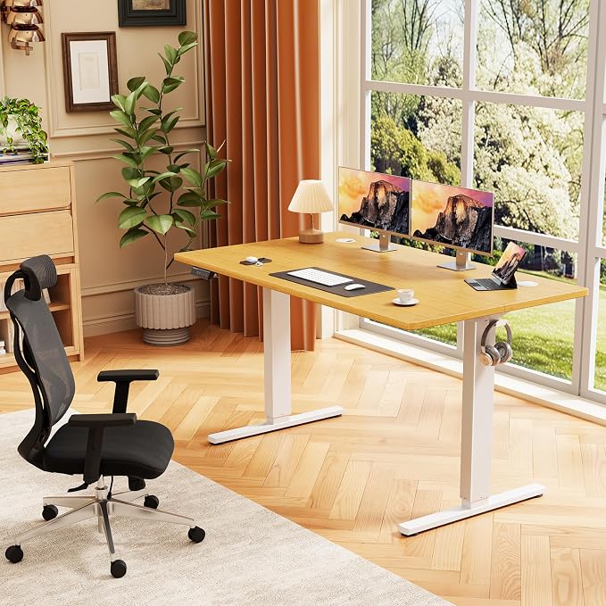 Sweetcrispy 48 Inch Electric Standing Desk, Height Adjustable Sit Stand Up Desk, Computer Workstation Home Office Gaming Rising Table with Memory Preset Splice Board,Oak