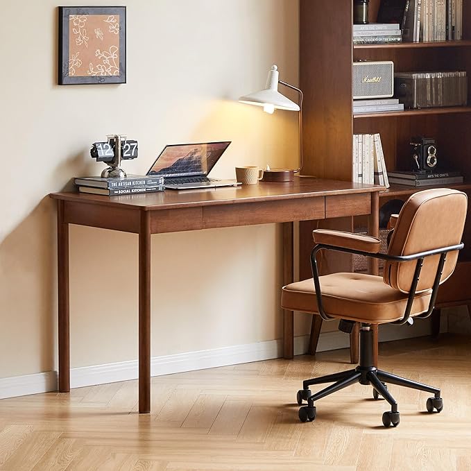 Solid Wood Computer Desk, Mid-Century Modern Home Office Desk with Storage Drawers, Writing Table for Study & Living Room 41.33" W Walnut Color