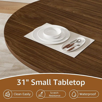 31.5 inch Round Dining Table for 2, Small Dinner Table with 2-Layer Storage Shelf, Morden Circle Kitchen Table with Wood Strip Base and Slide Door for Home Dining Room, Living Room, Walnut