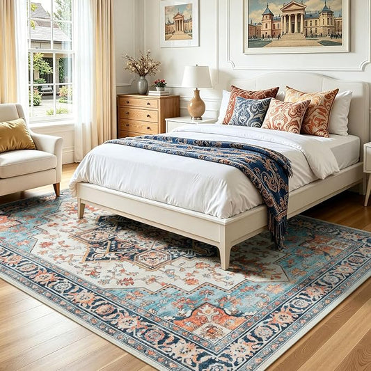 Lofus 5x7 Washable Rugs Non-Slip, Vintage Floral Area Rug for Living Room Bedroom Dining Room Kitchen, Low Pile Distress Print Carpet Home Decor Rug, Octagram Medallion Orange Blue Ivory