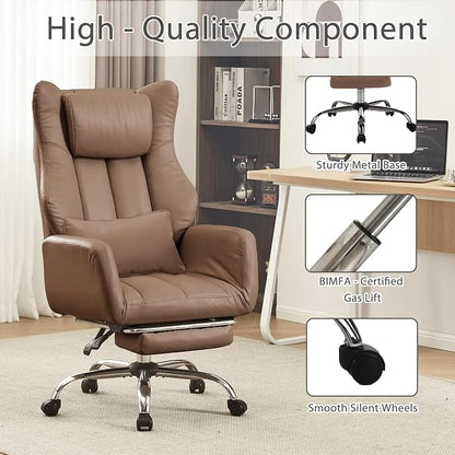 Ergonomic Cross Legged Office Chair with Footrest,Leather Big and Tall Executive Chair with Lumbar Pillow,Reversible Armrest for Pets,155° Reclining Computer Wide Desk Chair for Home,Office, Brown