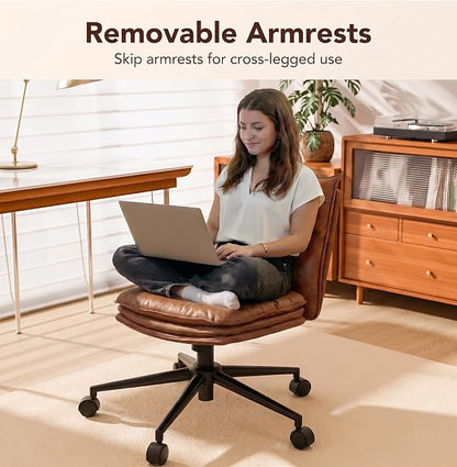 Brown Leather Office Chair with Triple-Layer Seat, Home Desk Chair | Comfy 7.3-inch Thick Cushion, Mid Back Ergonomic Support for Long Hours, Smooth Silent Wheels, Mid-Century Vintage Style