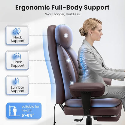 BestGlory Big and Tall Office Chair with Lumbar Support, Executive Leather Computer Desk Chair, Heavy Duty Comfortable Gaming Chair with Double Layer Cushion & Footrest for Home Office Gaming