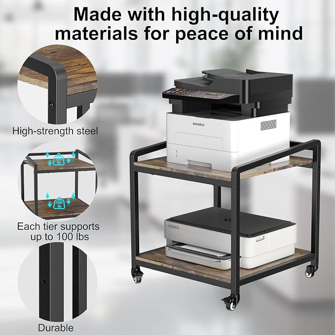 TRUSOON Mobile Printer Stand with Lockable Wheels, 2 Tier Rolling Printer Cart Under Desk with Adjustable Shelf, 23" Hight, Holds up to 200lbs for Home & Office, Rustic Brown