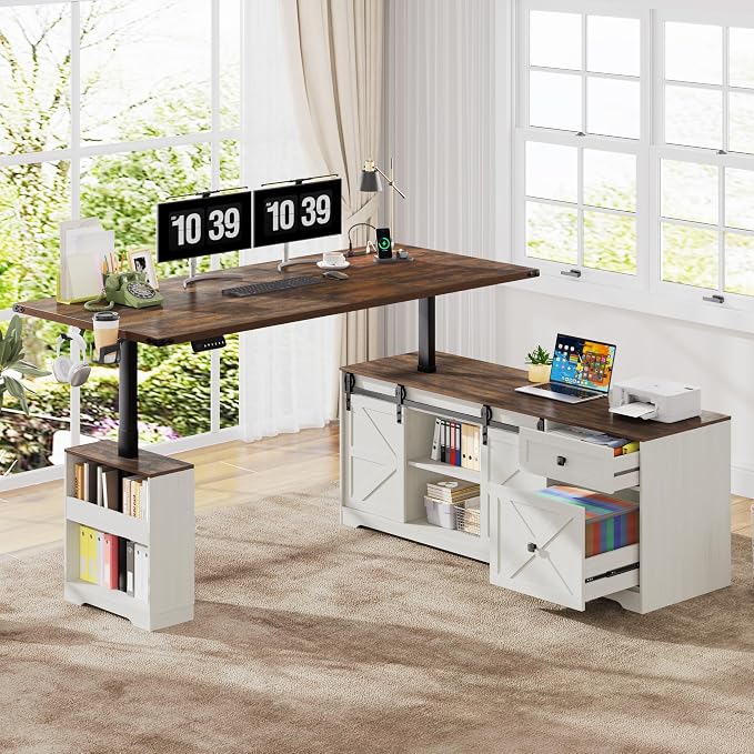 St.Mandyu 63" L Shaped Electric Standing Desk with File Drawer & Sliding Door, Height Adjustable Sit Stand Corner Computer Desk with Power Outlets, Drawers & Cup Holder for Home Office, White