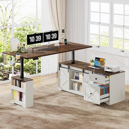 St.Mandyu 63" L Shaped Electric Standing Desk with File Drawer & Sliding Door, Height Adjustable Sit Stand Corner Computer Desk with Power Outlets, Drawers & Cup Holder for Home Office, White