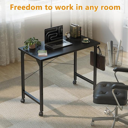 Grandder Rolling Computer 32 inch Desk with Wheels, Wroking Small Desk for Living Room, Modern Simple Style Table for Home Office, Study Writing Table, Caster, Black, 32 inch