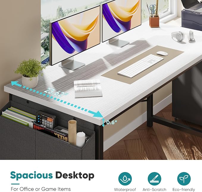 OLIXIS 63 Inch Computer Desk for Home Office, Writing Study Craft Gaming Table, Modern Computer Workstation with Storage Bag for Bedroom Small Spaces, White
