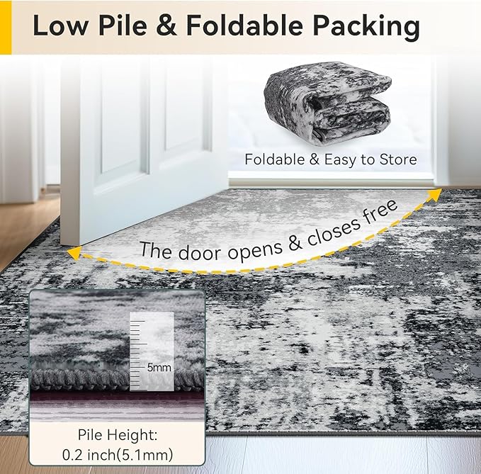 RELEANY Washable Area Rugs 4'x5' Non-Slip Modern Abstract Soft for Living Room Entryway Bedroom Kitchen, Print Pattern, Black Navy Blue Gray