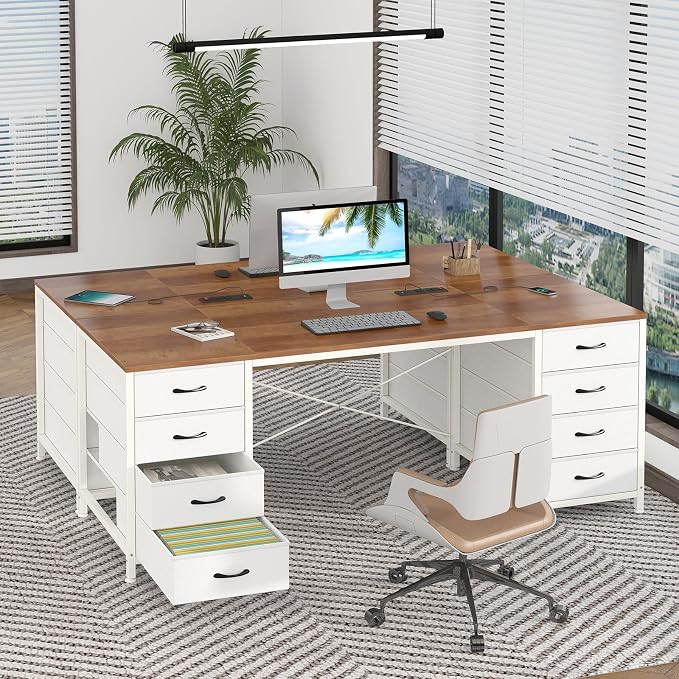 YOMILUVE 60 Inch Computer Desk with 8 Drawers, Home Office Desk with Power Outlets, Work Study Gaming Desk with 8 Fabric Drawers, Brown and White