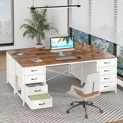 YOMILUVE 60 Inch Computer Desk with 8 Drawers, Home Office Desk with Power Outlets, Work Study Gaming Desk with 8 Fabric Drawers, Brown and White