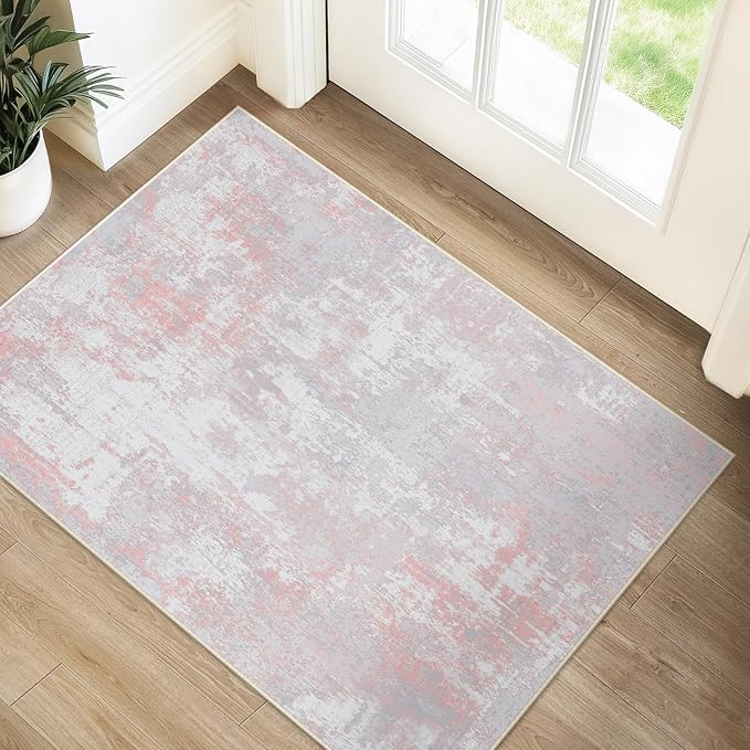 RELEANY Washable Area Rugs 2'x3' Non-Slip Modern Abstract Soft for Living Room Entryway Bedroom Kitchen, Print Pattern, Grey Pink