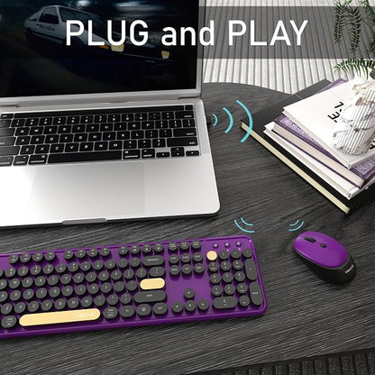 Colorful Wireless Computer Keyboards Mouse Combos, UBOTIE Polychrome Round Keycaps Retro PC Keyboards 2.4GHz Radio Frequency Connection with Optical Mouse(Black Purple)