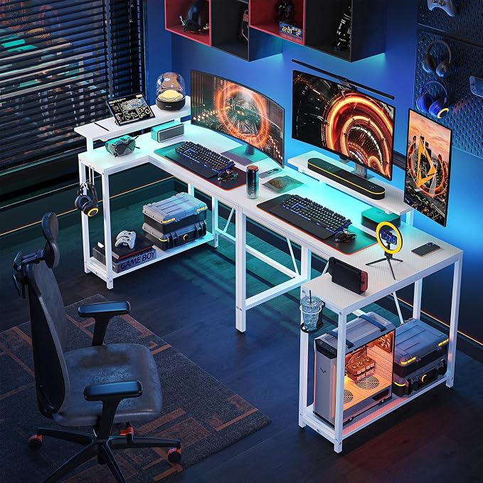 Pinmoco 42" Reversible Small L-Shaped Gaming Desk with LED Lights, White | corner desk fits small spaces, monitor stand, cup holder, headset hook, carbon fiber surface, for gaming and home office