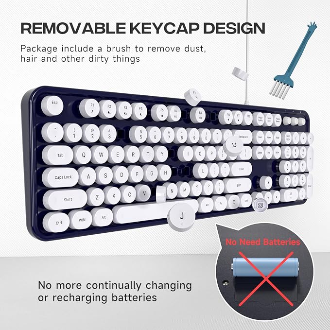 MOWUX Computer Keyboard Wired, Plug and Play USB Retro Round Typewriter Keyboard, Full Size Wired Keyboard with Foldable Stands for Laptop and Office PC- Dark Blue