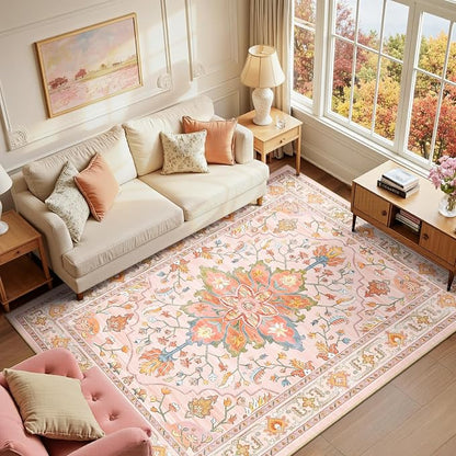 RELEANY Area Rugs 6'x8' Washable Non-Slip, Floral Vintage Distress Medallion Carpet for Living Room Bedroom Dining Room, Light Pink Colorful
