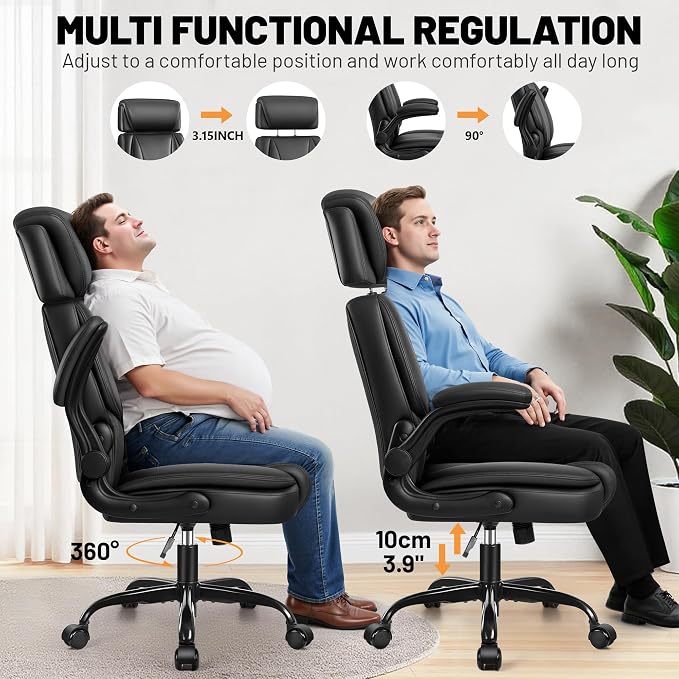 BestGlory Ergonomic Office Chair, PU Leather Executive Desk Chair with Adjustable Headrest, Flip-Up Arms and Lumbar Support, High Back Computer Chair for Home Office, Remote Work, Gaming, Black