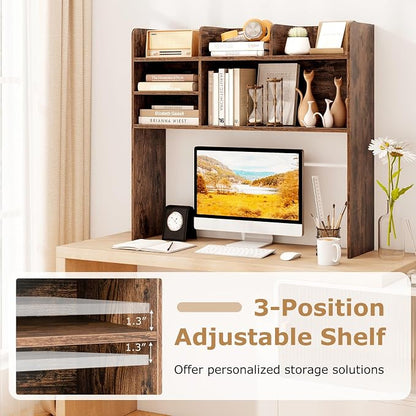 GOFLAME 6 Shelves Desktop Bookshelf, 37” Desk Hutch Dorm for Computer Monitor Up to 32”, 3-Tier Countertop Display Rack, Wood Desk Storage Organizer Shelf for Home Office, Study, Rustic Brown