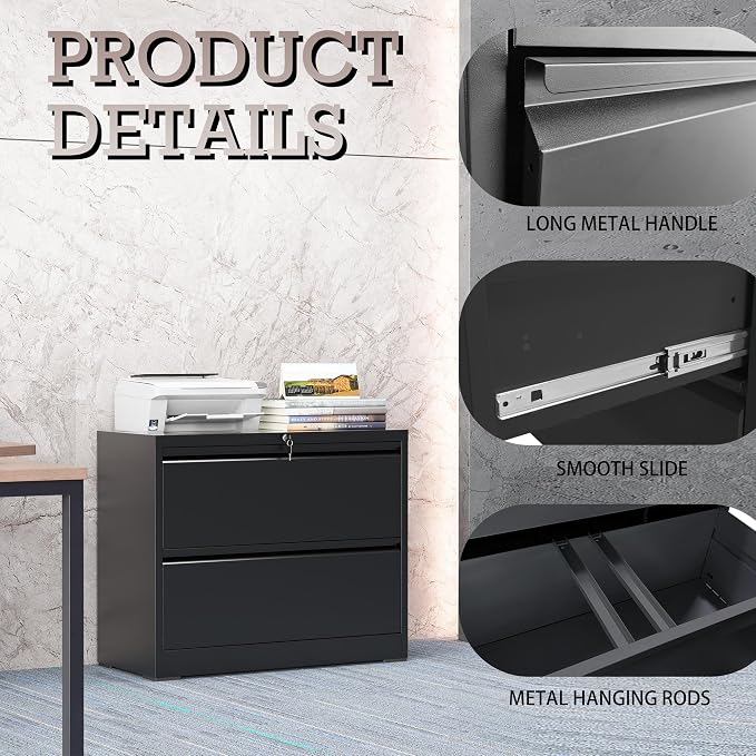 2 Drawer File Cabinet, Lateral File Cabinet with Lock, Metal Lateral Filing Cabinets for Home Office, File Storage Cabinet for Legal/Letter/A4 Documents, Assembly Required (Black, 35'W)